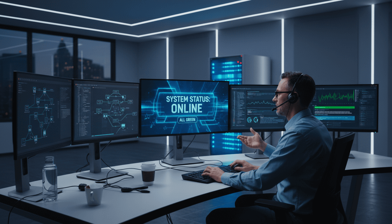 IT professional at desk with multiple monitors providing technical support and system monitoring