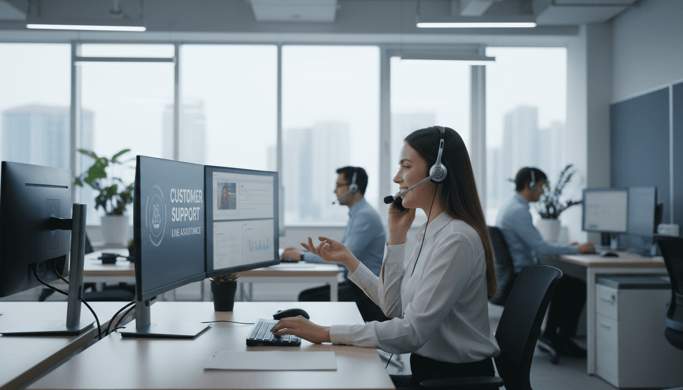 Professional call center agent at modern workspace with headset helping customer via phone